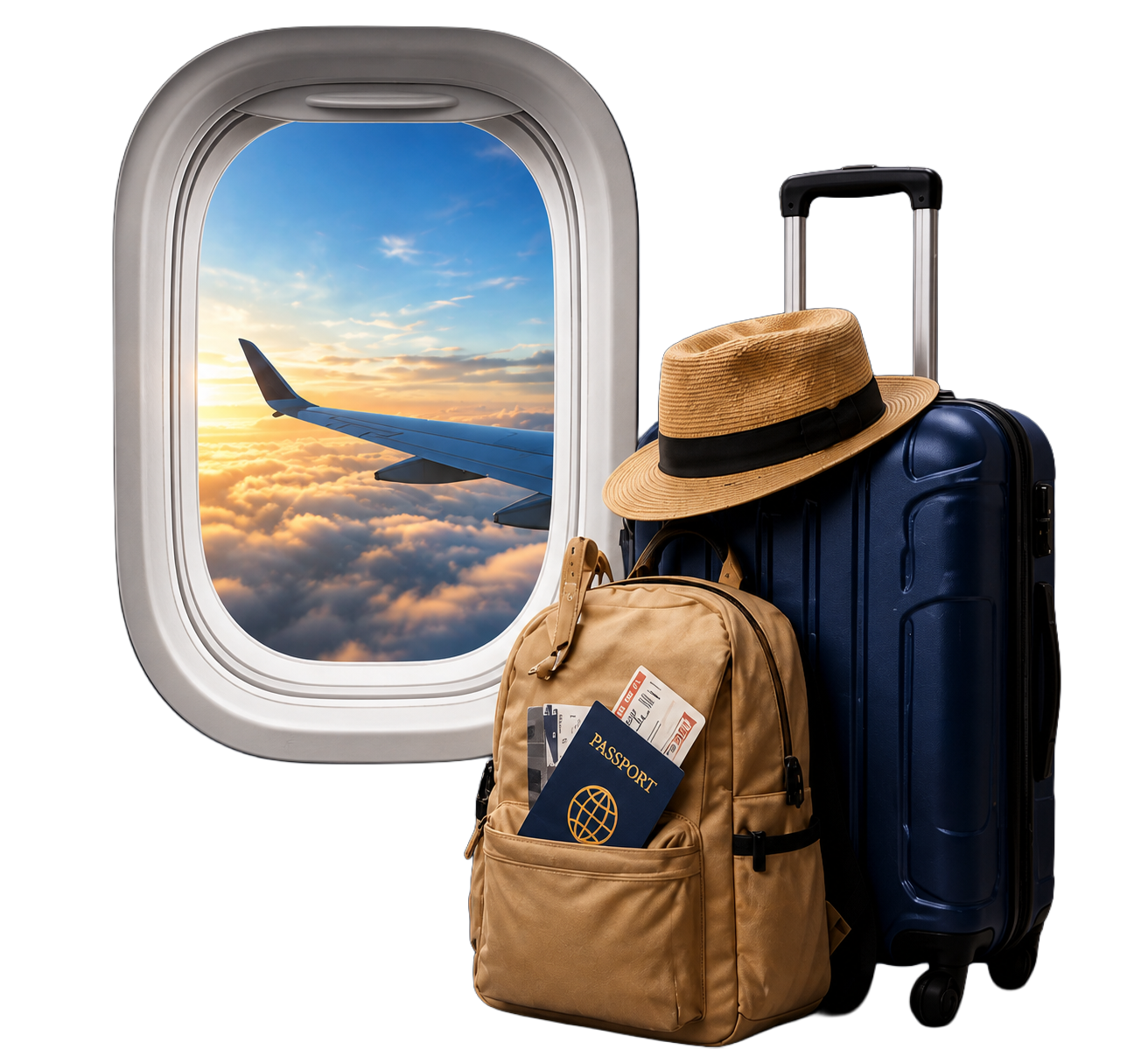 Airplane window view with luggage and travel essentials