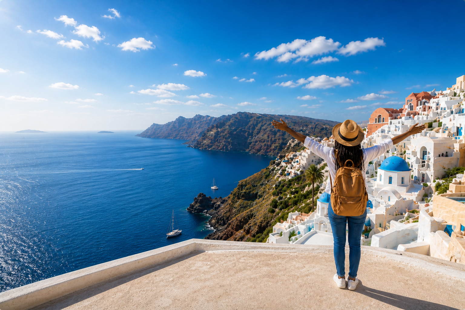 Traveler overlooking a coastal destination